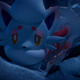 Seemingly a Hisuan form of Zorua and Zoroark, standing in the gloomy snow.